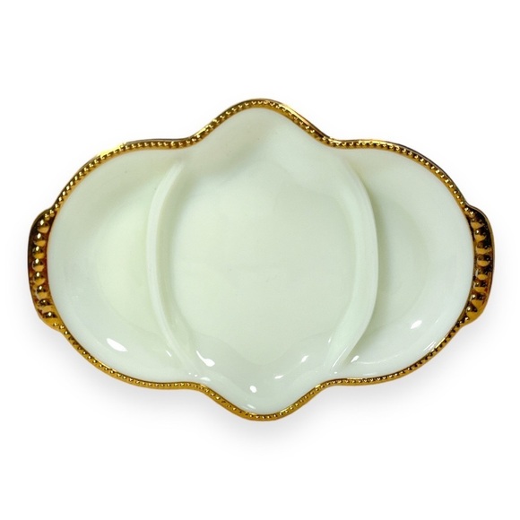 Vintage Fire King Milk Glass Serving Tray Gold Beaded Rim Divided 3 Sections USA - Picture 2 of 7